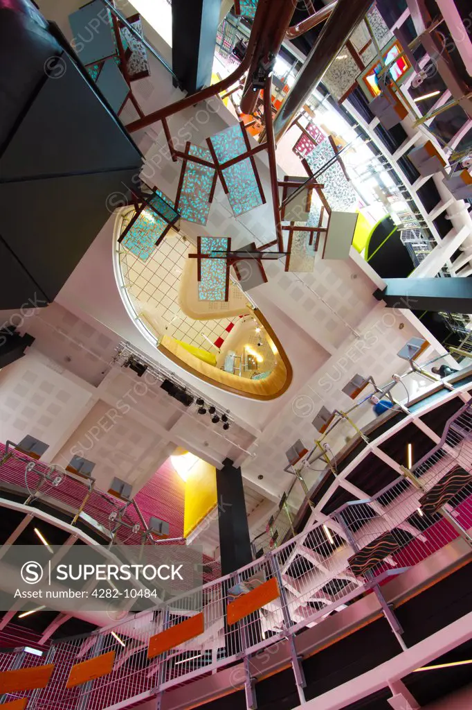 England, West Midlands, West Bromwich. View looking up inside The Public, an exciting creative community, cultural, and business space designed by architects Will Alsop and Julian Flannery.
