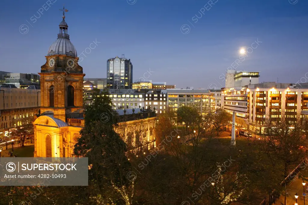England, West Midlands, Birmingham. St. Philip's Cathedral in St. Philip's Square, Birmingham, at dusk. St Philip's is the third smallest cathedral in England.