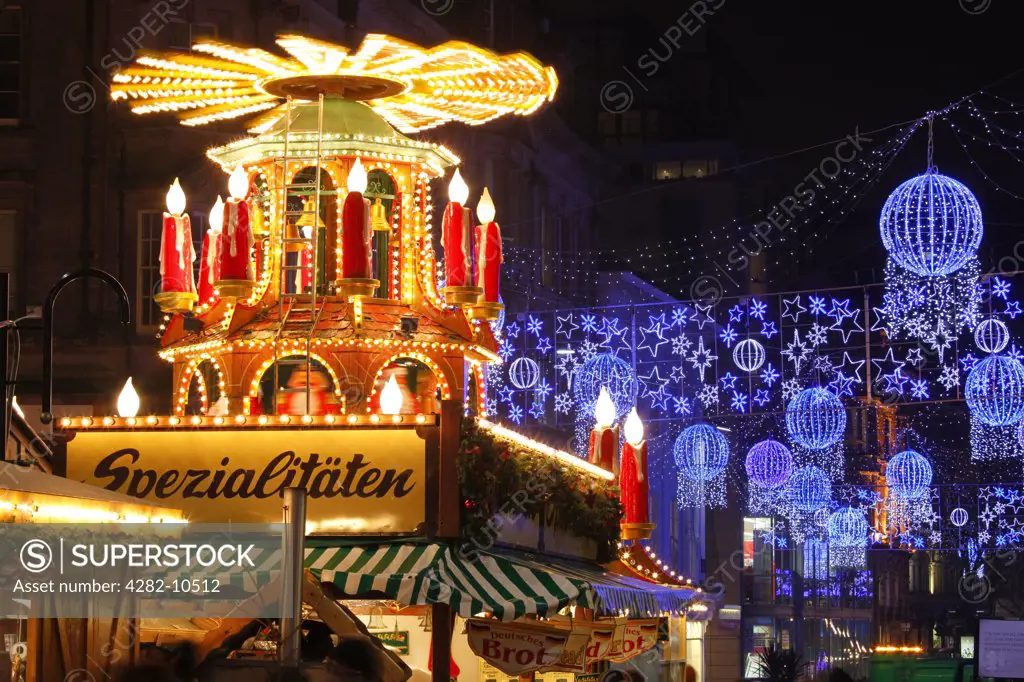England, West Midlands, Birmingham. Christmas lights and decorations at the annual Birmingham Frankfurt Christmas Market in Birmingham City Centre.