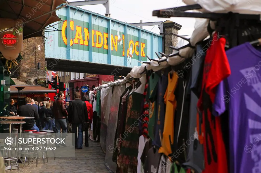 England, London, Camden. Clothes stalls and cafes at Camden Lock Market.