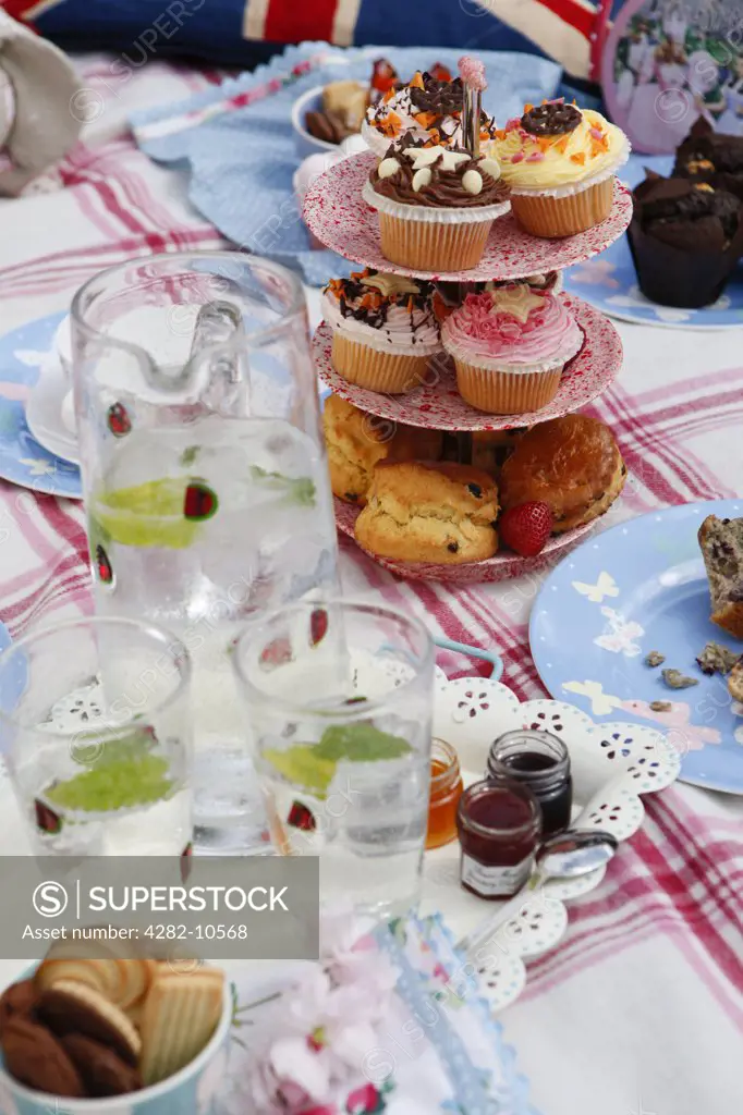 England, West Midlands, Edgbaston. A picnic table laid out with cakes and biscuits in the Botanical Gardens in Edgbaston, Birmingham.