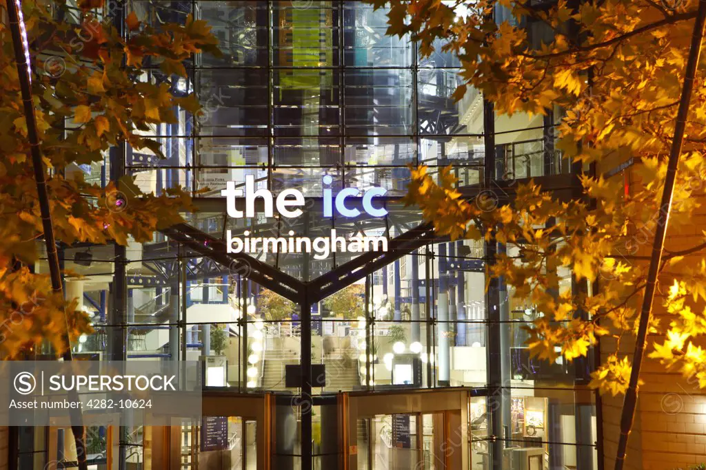 England, West Midlands, Birmingham. The exterior of The ICC (International Convention Centre) Birmingham, a purpose built convention centre with facilities for conferences, meetings, banquets, seminars in the heart of Birmingham.