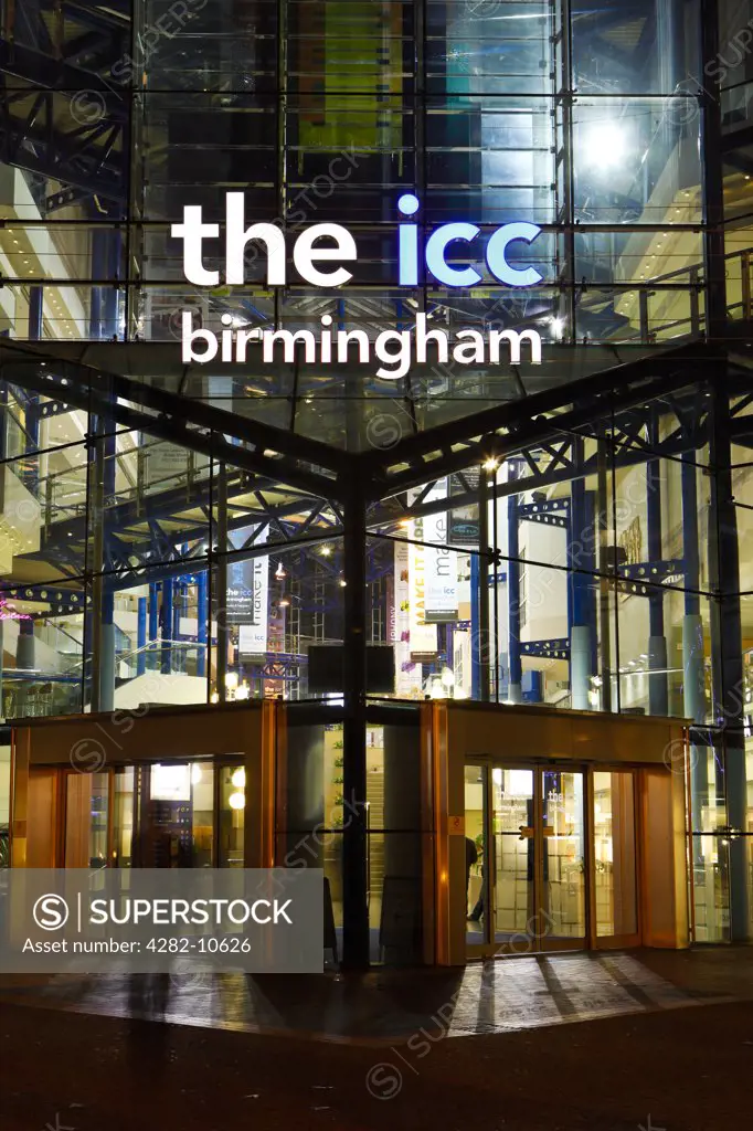 England, West Midlands, Birmingham. The exterior of The ICC (International Convention Centre) Birmingham, a purpose built convention centre with facilities for conferences, meetings, banquets, seminars in the heart of Birmingham.
