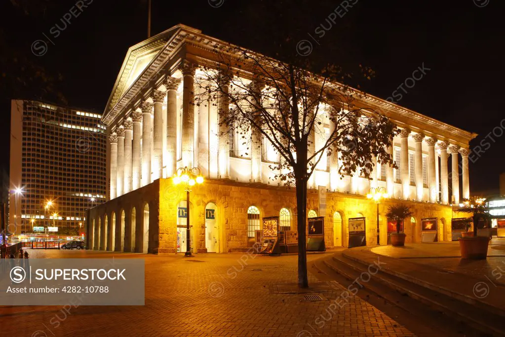 England, West Midlands, Birmingham. The 19th century Town Hall in Victoria Square at night.