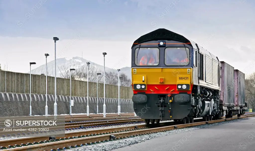 England, Shropshire, Telford. A freight train at Donnington Rail Freight Depot.