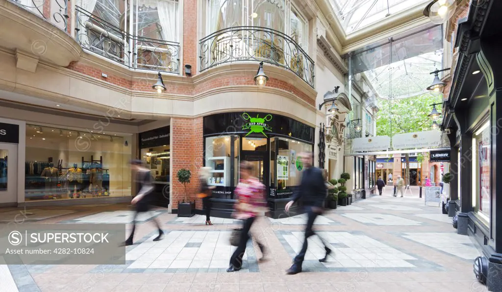 England, West Midlands, Birmingham. People walking through Burlington Arcade in the centre of Birmingham.