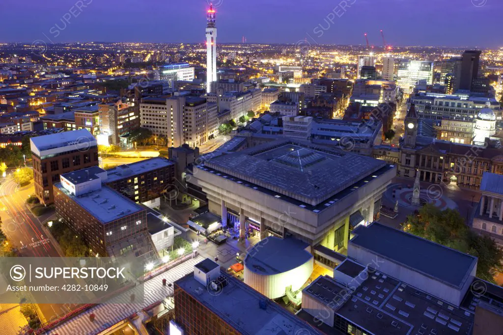 England, West Midlands, Birmingham. Cityscape of Birmingham city centre at night.