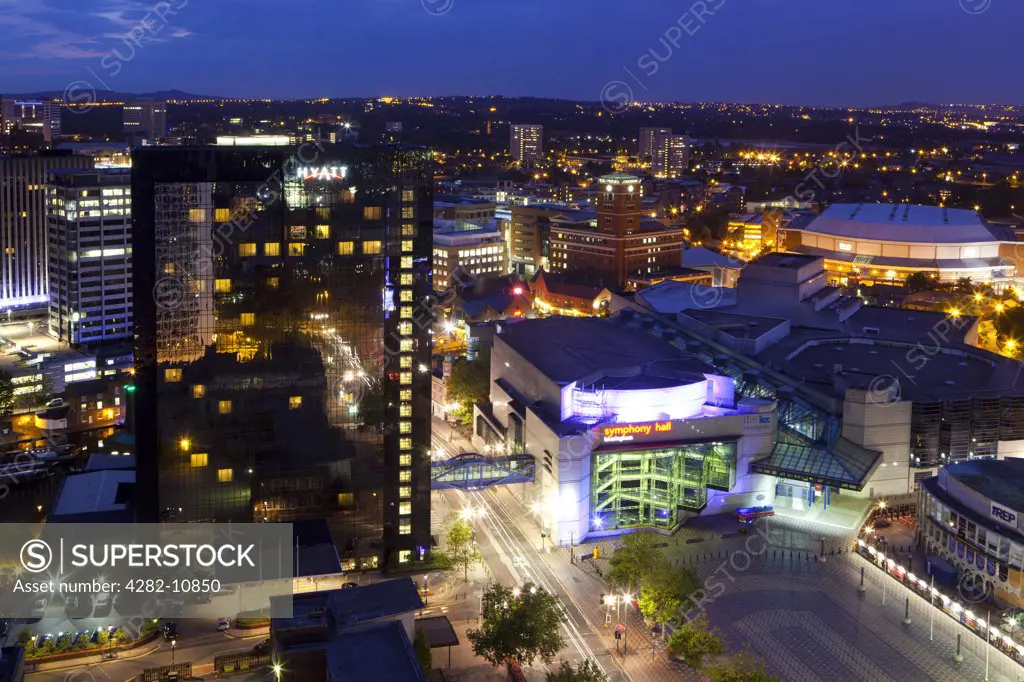 England, West Midlands, Birmingham. Cityscape of Broad Street district of Birmingham at night.