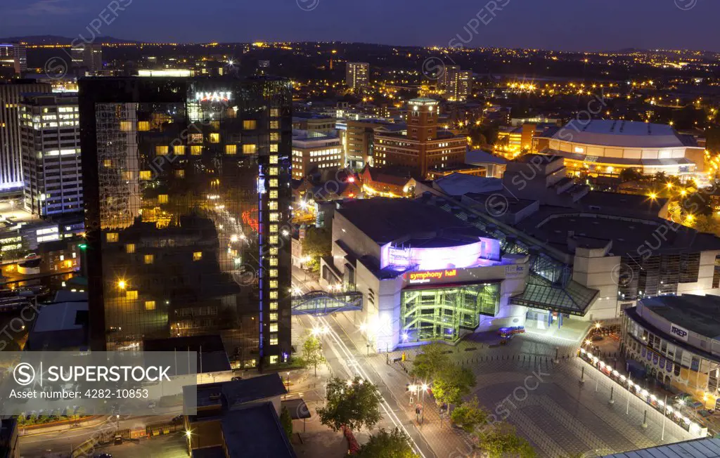 England, West Midlands, Birmingham. Cityscape of Broad Street district of Birmingham at night.
