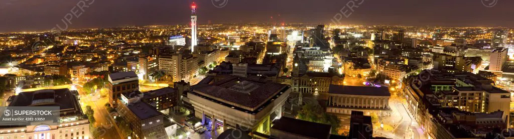 England, West Midlands, Birmingham. Cityscape panorama of Birmingham at night.
