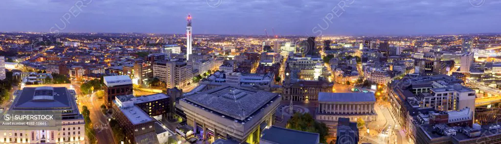 England, West Midlands, Birmingham. Cityscape panorama of Birmingham at night.