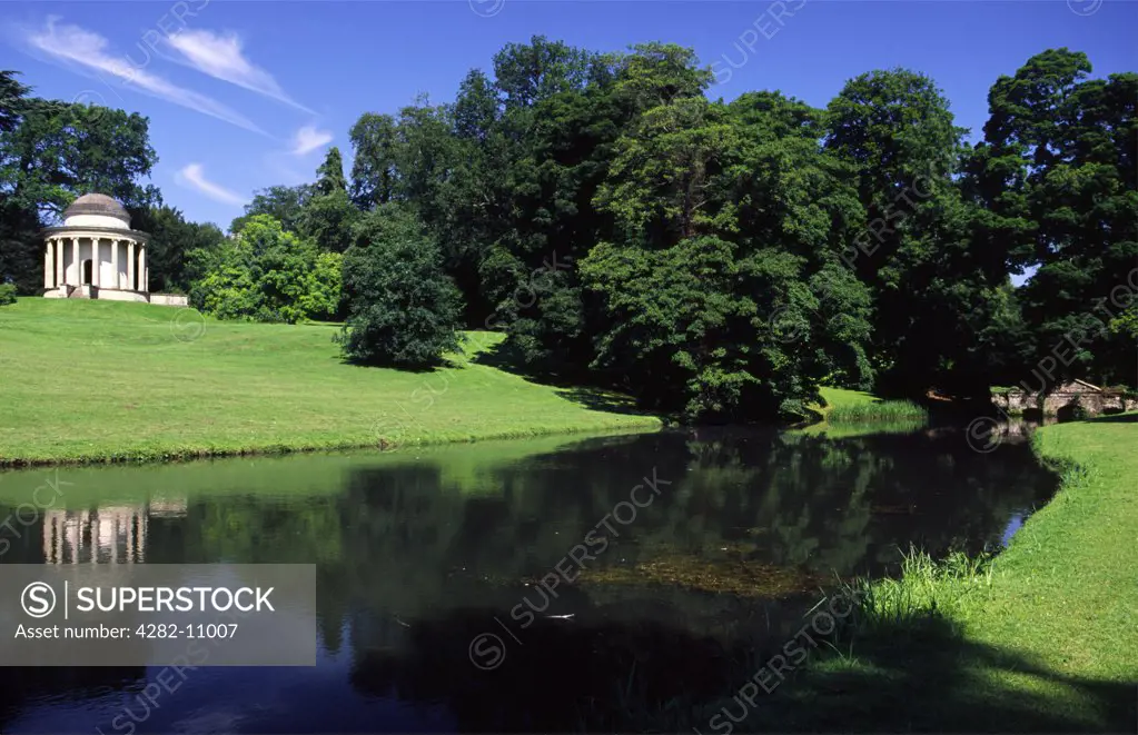 England, Buckinghamshire, Stowe Gardens. Rotunda and Eleven Acre Lake at Stowe Gardens.