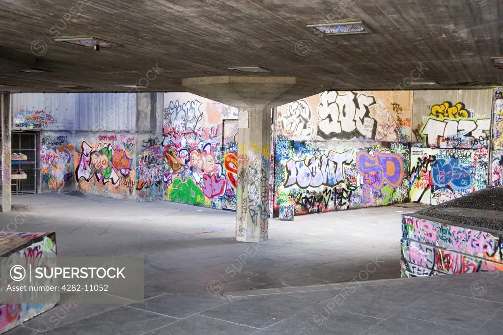 England, London, South Bank. A view of graffiti in an underpass.