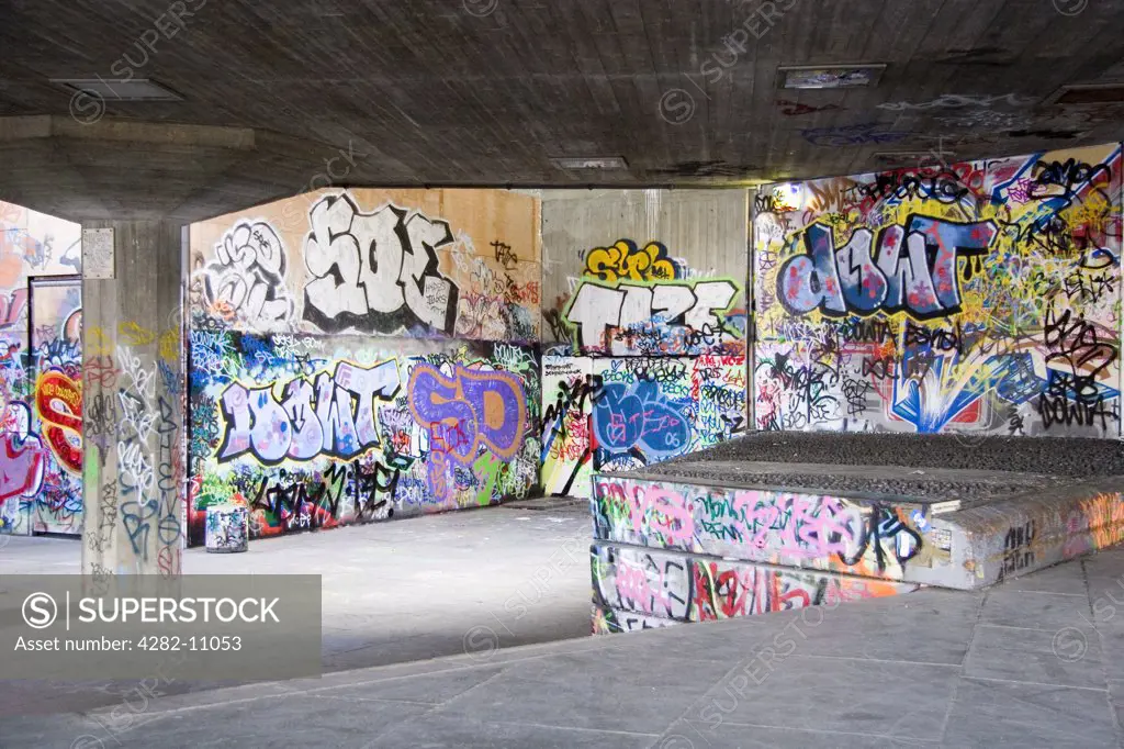 England, London, South Bank. A view of graffiti in an underpass.