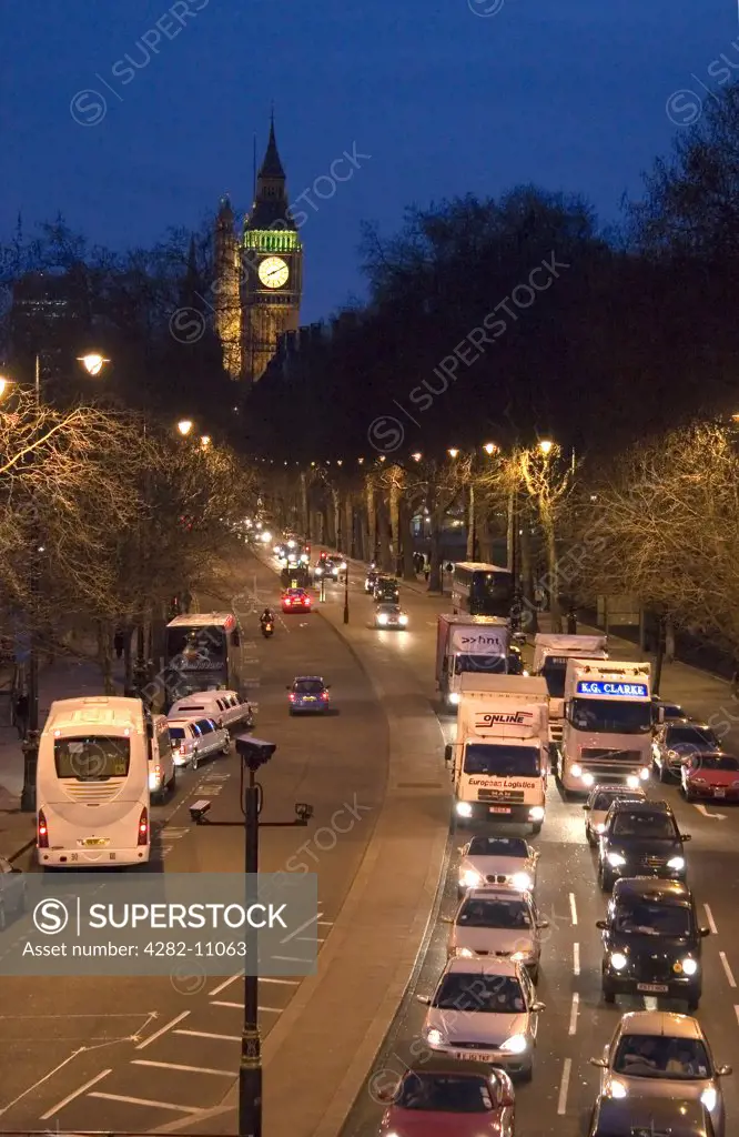 England, London, Embankment. Night traffic along Victoria Embankment.