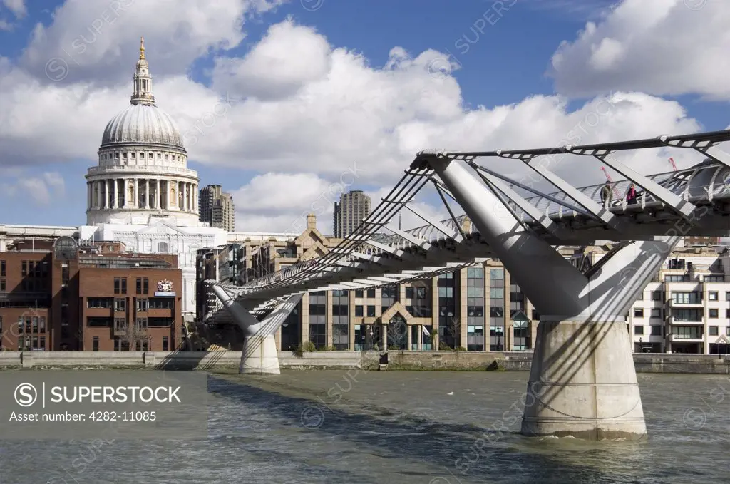England, London, South Bank. St Paul's Cathedral and the Millennium Bridge.
