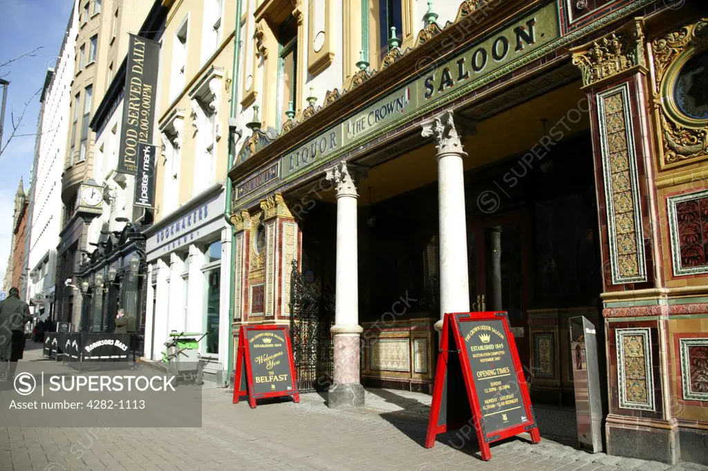 Northern Ireland, Belfast, Belfast. The exterior of the Crown Bar saloon in Belfast.