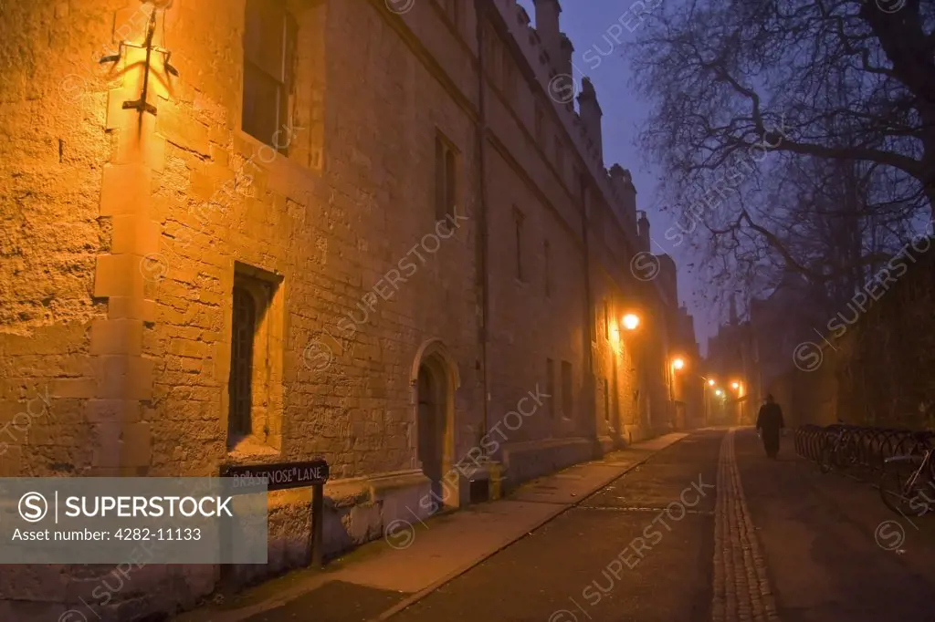 England, Oxfordshire, Oxford. Brasenose Lane, Oxford just before dawn. The lane was named after Brasenose College, which was originally known as Brazen Nose College.