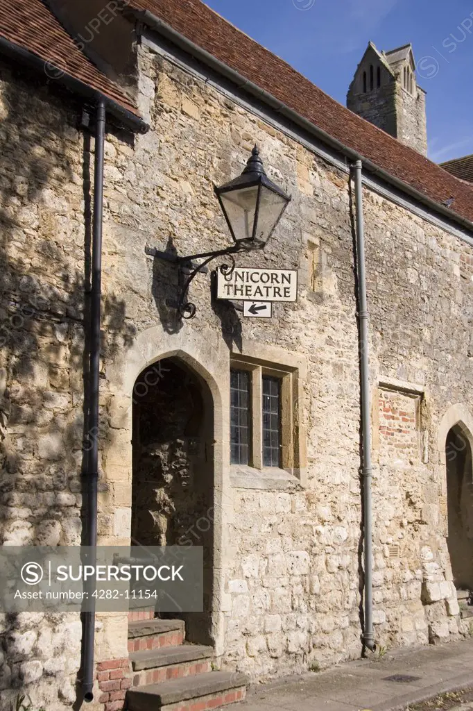 England, Oxfordshire, Oxford. Entrance to the Tiny Unicorn Theatre, Abingdon. The theatre is situated in historic Abbey buildings.