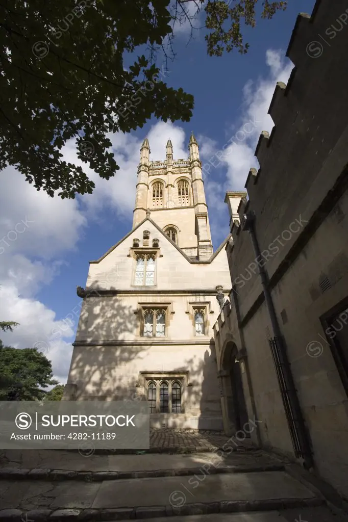England, Oxfordshire, Oxford. The tower of Magdalen College. Magdalen College was founded as Magdalen Hall in 1448 by William of Waynflete.