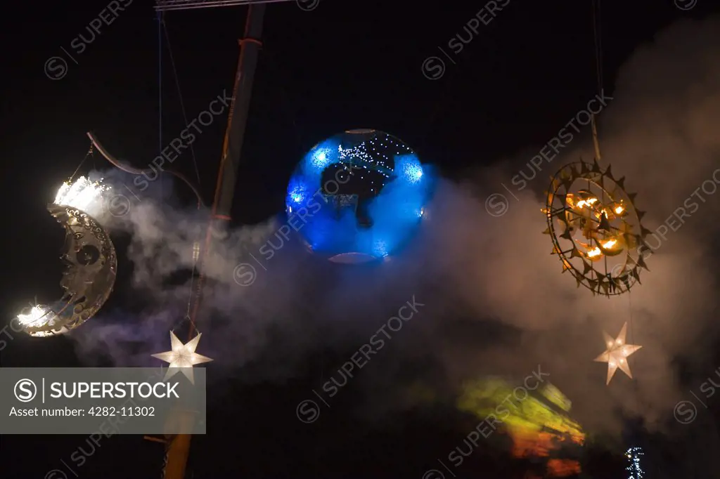 England, Oxfordshire, Oxford. Fireworks exploding at the Oxford Winter Light Festival.