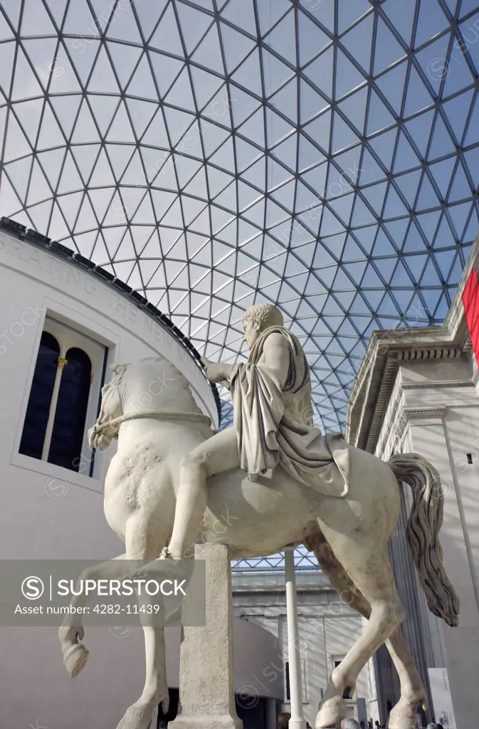 England, London, Bloomsbury. A Roman equestrian statue in the Queen Elizabeth II Great Court, the central quadrangle of the British Museum.