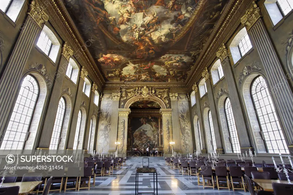 England, London, Greenwich. Interior of the Painted Hall at the Old Royal Naval College in Greenwich.