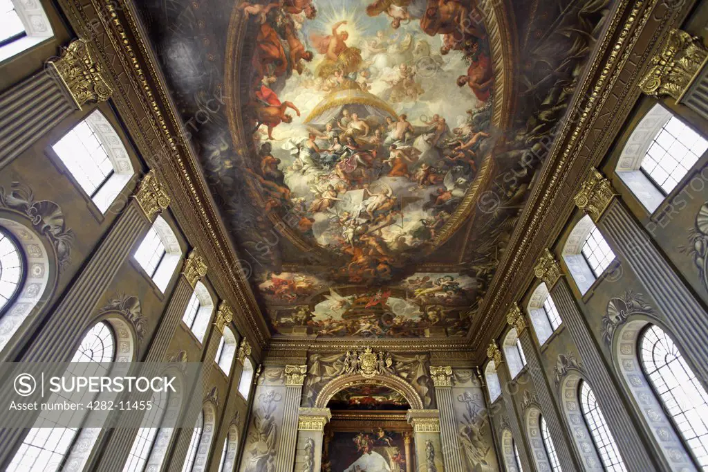 England, London, Greenwich. Interior of the Painted Hall at the Old Royal Naval College in Greenwich.