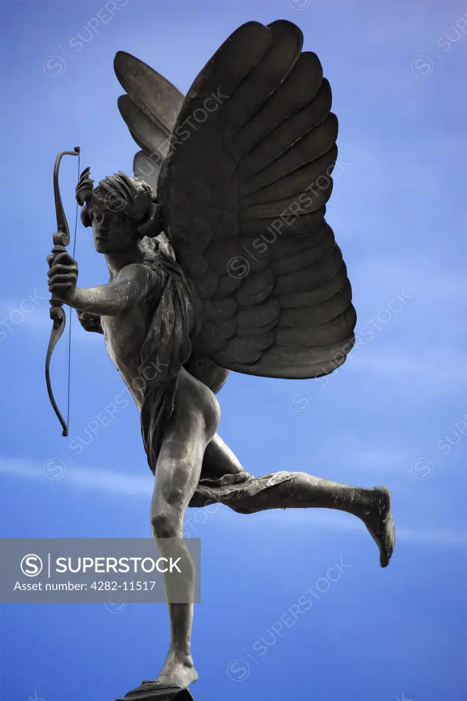 England, London, Piccadilly. The Statue of Eros (The Angel of Christian Charity), intended to be Anteros, on top of the Shaftesbury memorial fountain at Piccadilly Circus in London.