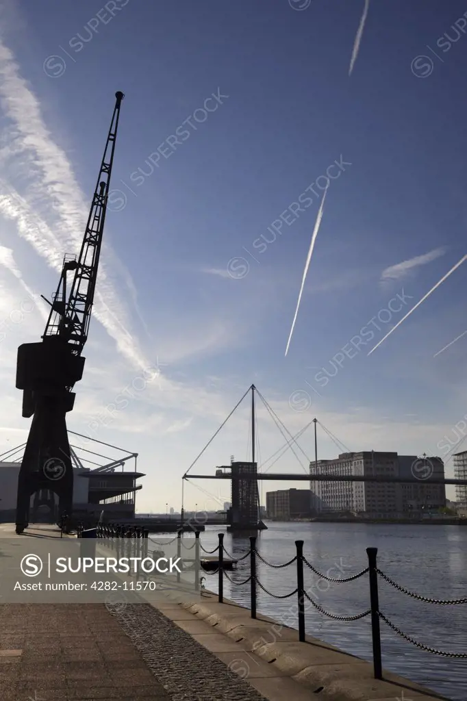 England, London, Royal Victoria Dock. Derelict cranes stand as a reminder of the past at Royal Victoria Dock in the redeveloped Docklands area of London.
