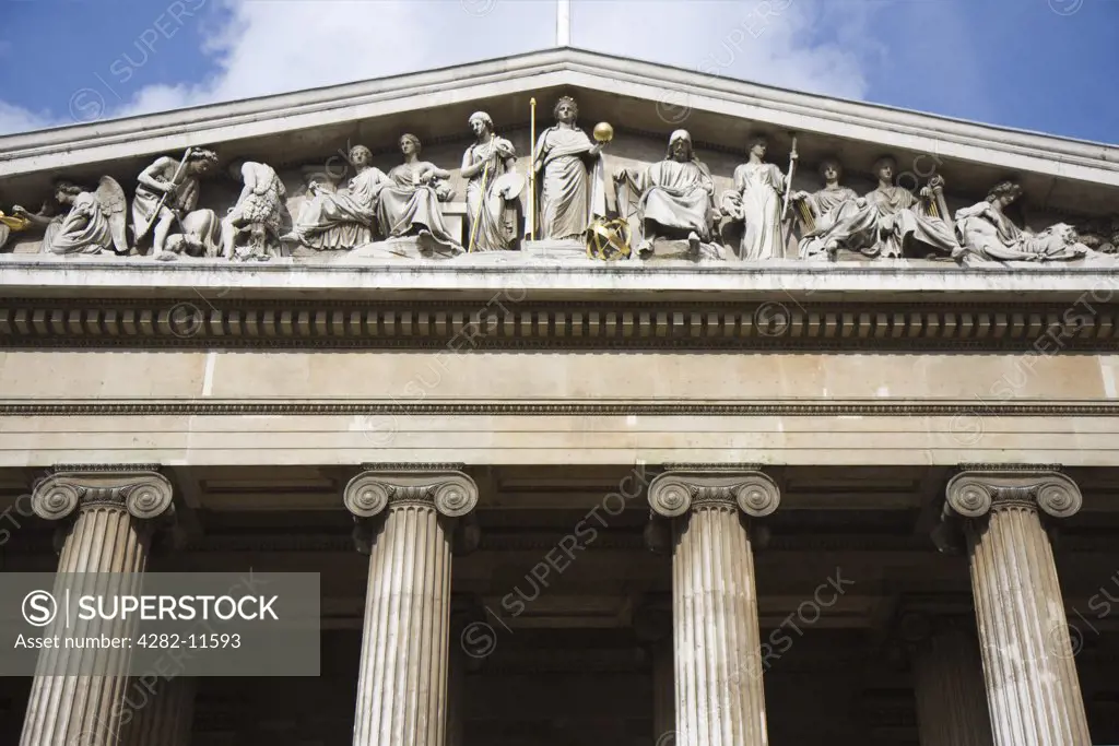 England, London, Bloomsbury. The Greek Revival facade of the entrance to the British Museum on Great Russell Street.