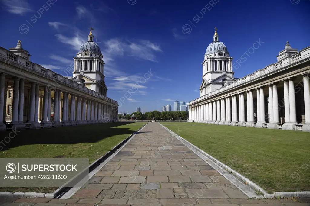 England, London, Greenwich. The Old Royal Naval College, the great baroque masterpiece of English architecture, set in landscaped grounds on the River Thames.