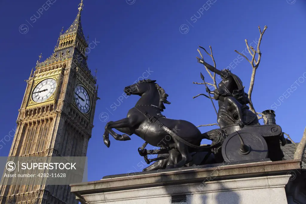 England, London, Westminster. Statue of Boudica (Boadicea) by Thomas Thornycroft and Big Ben opposite.