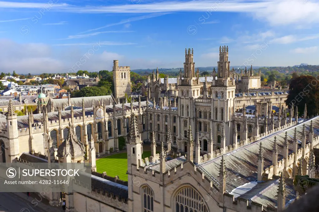 England, Oxfordshire, Oxford. Aerial view over All Souls College, one of the constituent colleges of the University of Oxford, founded by Henry VI and Henry Chichele in 1438.