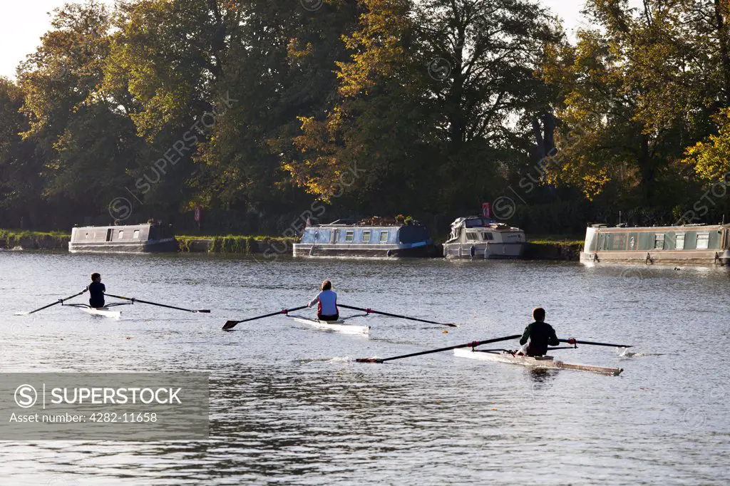 England, Oxfordshire, Oxford. Single scull rowing on the River Thames in autumn.