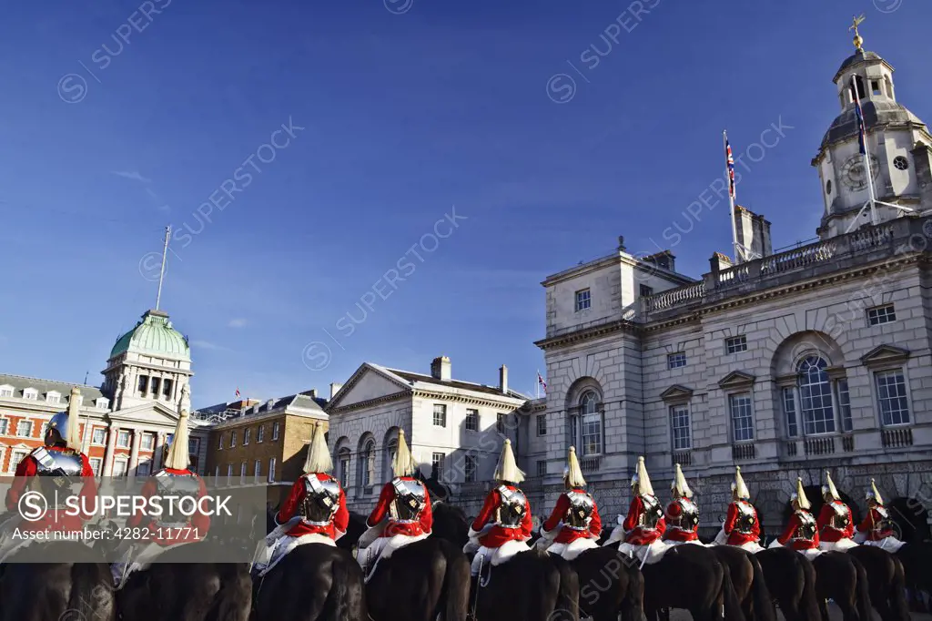 England, London, Whitehall. Royal Horse Guards on parade in Horse Guards Parade in front of Admiralty House.