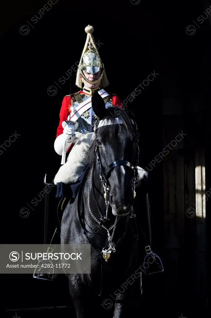 England, London, Whitehall. A Royal Horse Guard on duty in Whitehall.