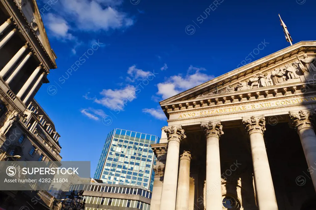 England, London, City of London. The portico over the main entrance to the Royal Exchange in the City of London. The Royal Exchange reopened in 2001 as a luxury shopping centre.