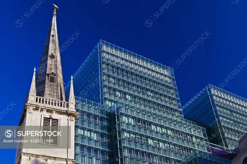 England, London, City of London. The Guild Church of St Margaret Pattens in the City of London. The spire is the only remaining example of Sir Christopher Wren's lead-covered timber spires.