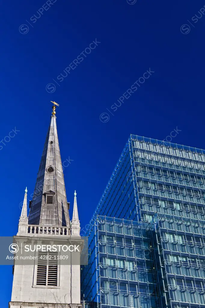 England, London, City of London. The Guild Church of St Margaret Pattens in the City of London. The spire is the only remaining example of Sir Christopher Wren's lead-covered timber spires.