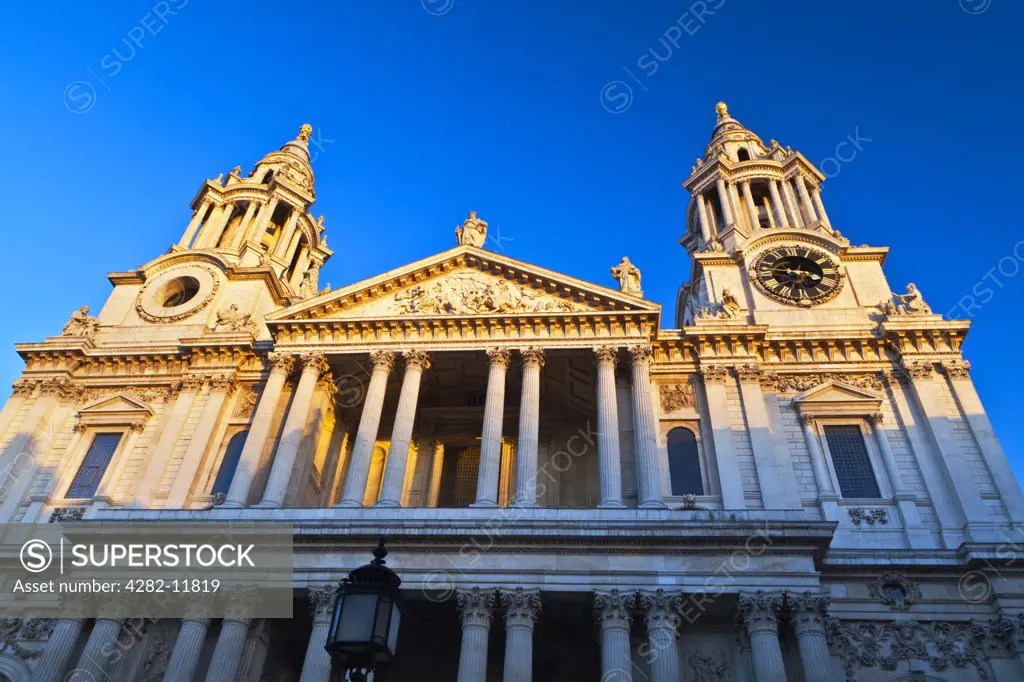 England, London, City of London. The portico over the Great West Door of St Paul's Cathedral, designed by Sir Christopher Wren in the 17th century.