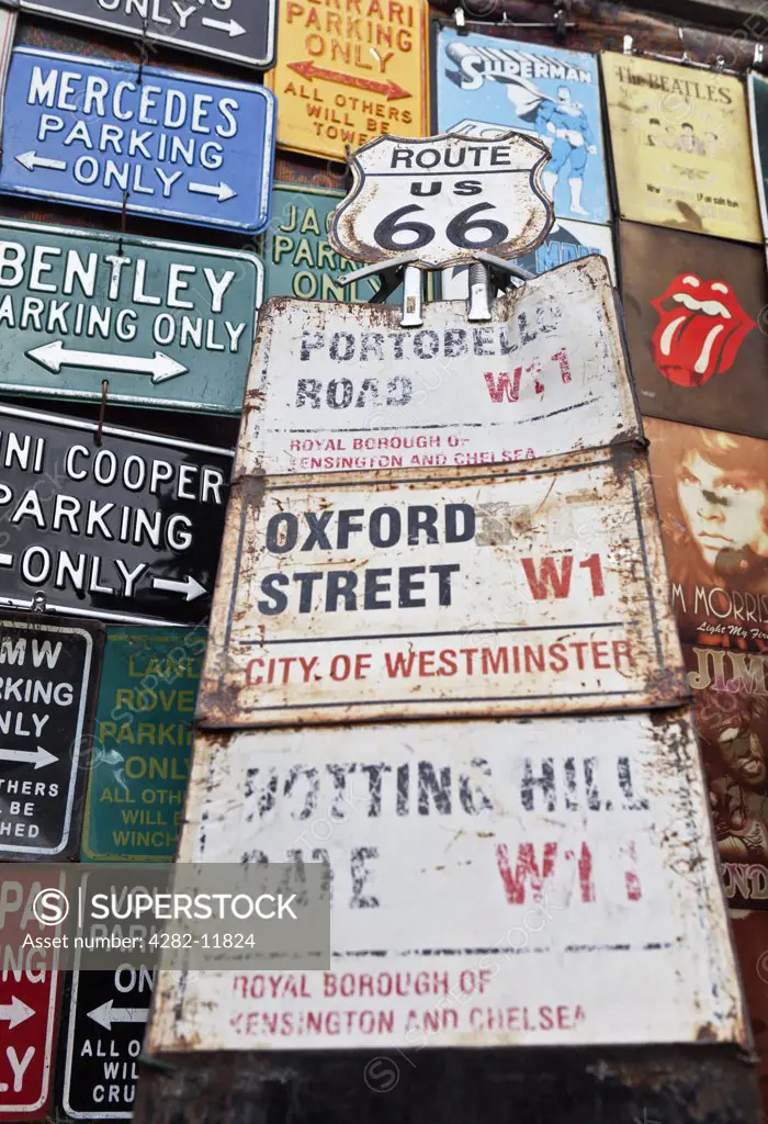 England, London, Notting Hill. Iconic signs and plaques on display outside a shop in Portobello Road.