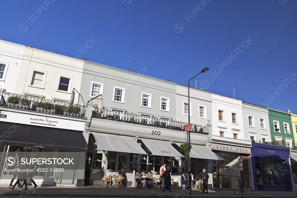 England, London, Notting Hill. A row of shops and restaurants in Westbourne Grove.