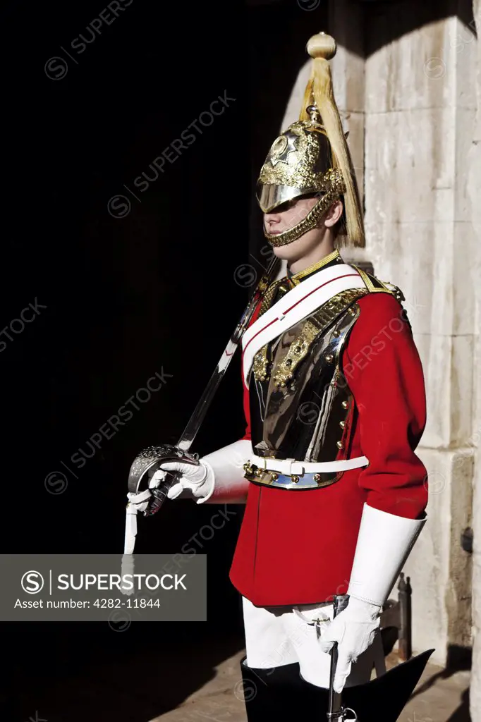 England, London, Whitehall. A soldier from the Household Cavalry on duty at Horse Guards in Whitehall.