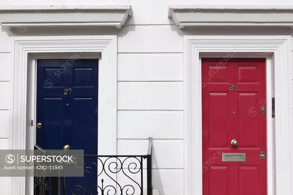 England, London, Chelsea. Colourful front doors of residences in Markham Square.