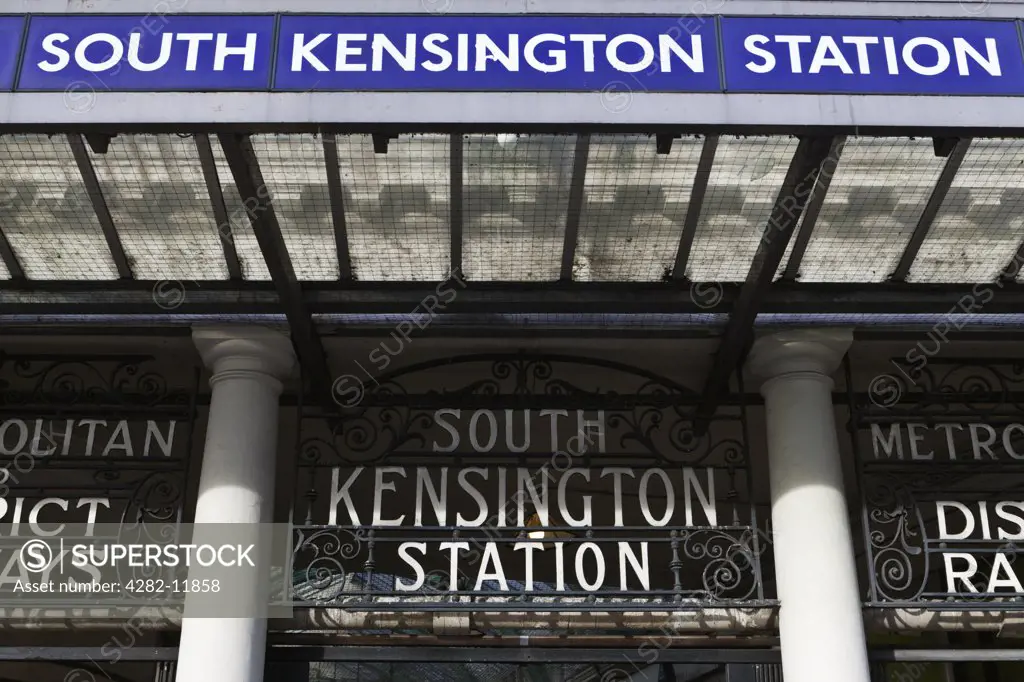 England, London, South Kensington. Old and modern signage outside South Kensington Underground Station in Pelham Street.
