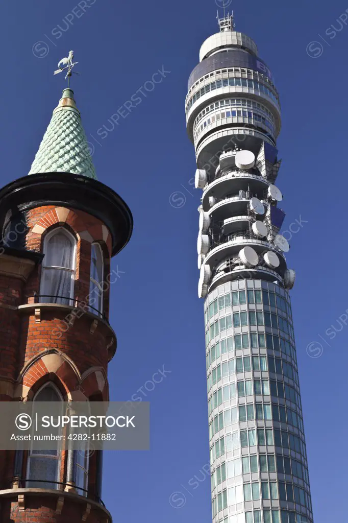 England, London, Fitzrovia. The BT Tower at 60 Cleveland Street. The tower was originally commissioned by the General Post Office (GPO) to send telecommunications from London to the rest of the country and is still in use as a major communications hub.