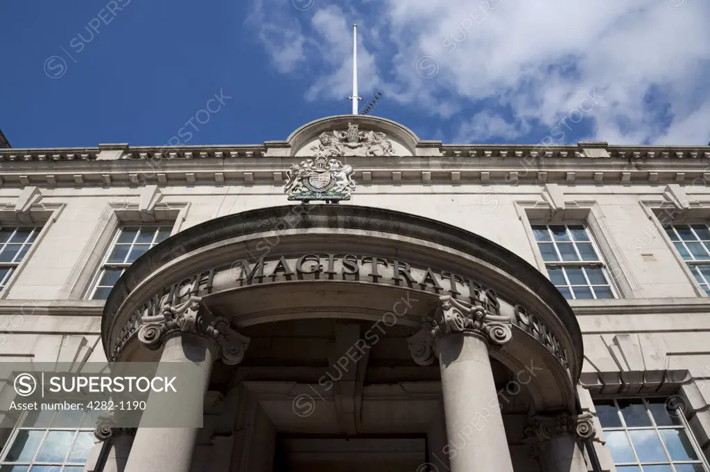 England, London, Greenwich. A half domed porch on the front of Greenwich Magistrates Court, a Grade ll listed building built by John Dixon Butler and opened in 1909.