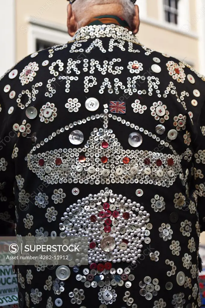 England, London, Greenwich. The back of the ornate coat worn by the Pearly King of St Pancras.
