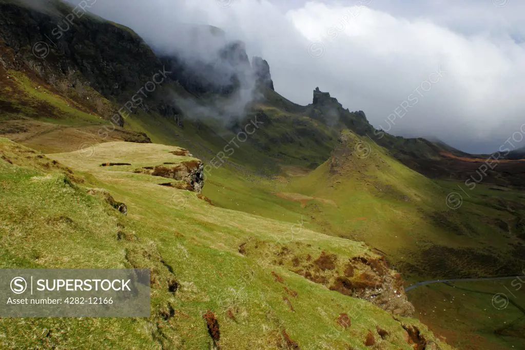 Scotland, Isle of Skye, Quiraing. The impressive features of the Quiraing and the surrounding mountain scenery.